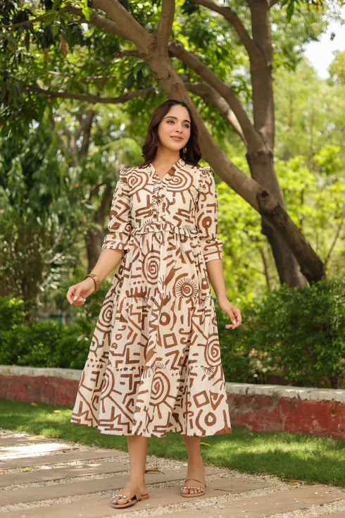 Women Abstract Printed Pure Cotton Tiered Fit & Flare Midi Dress